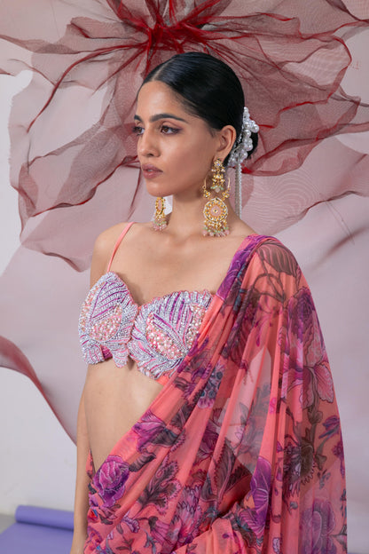 Pink Printed Embellished Saree - Bawri