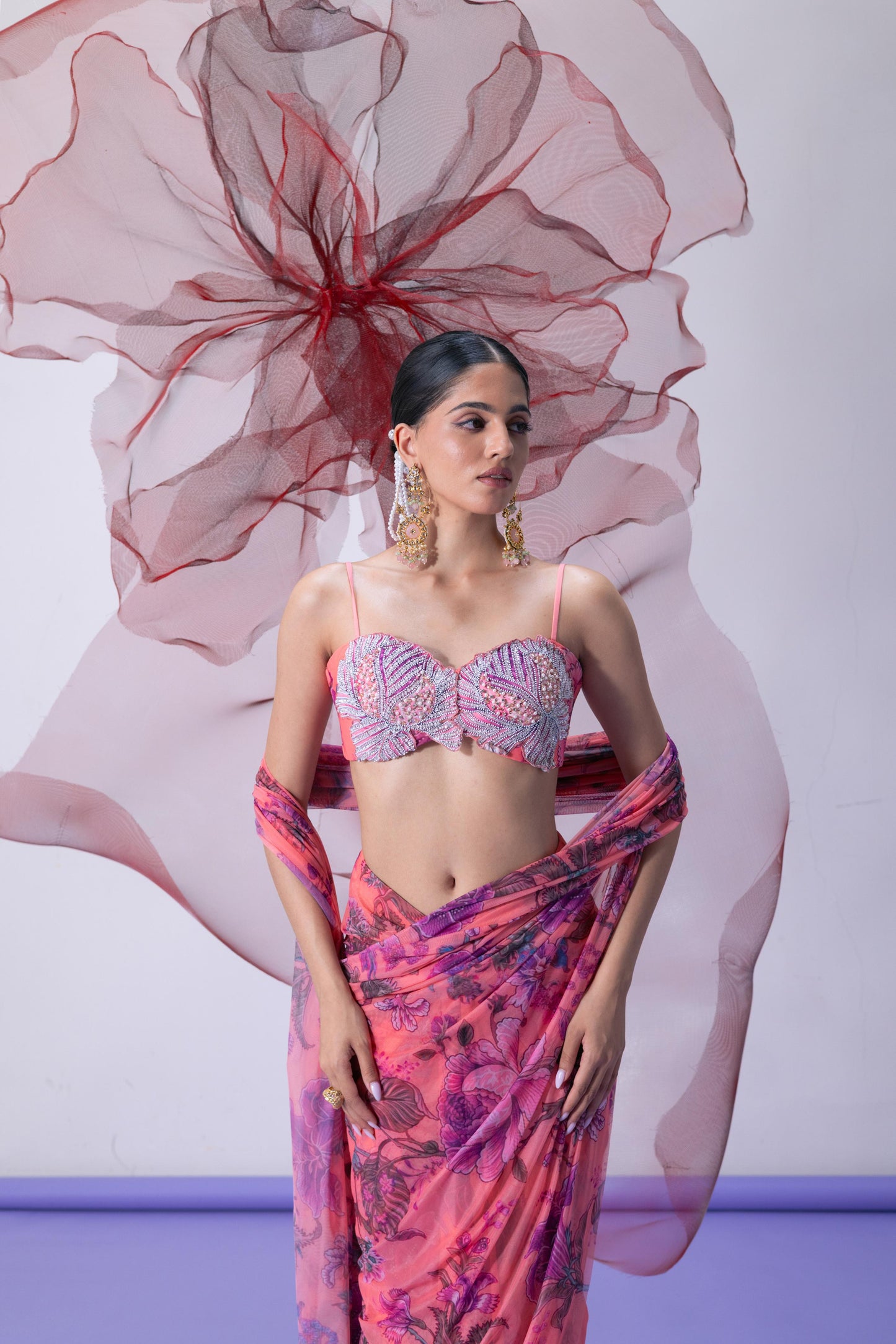 Pink Printed Embellished Saree - Bawri