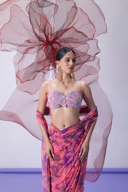 Pink Printed Embellished Saree - Bawri