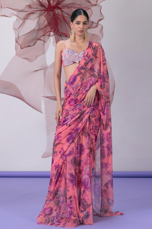 Pink Printed Embellished Saree - Bawri