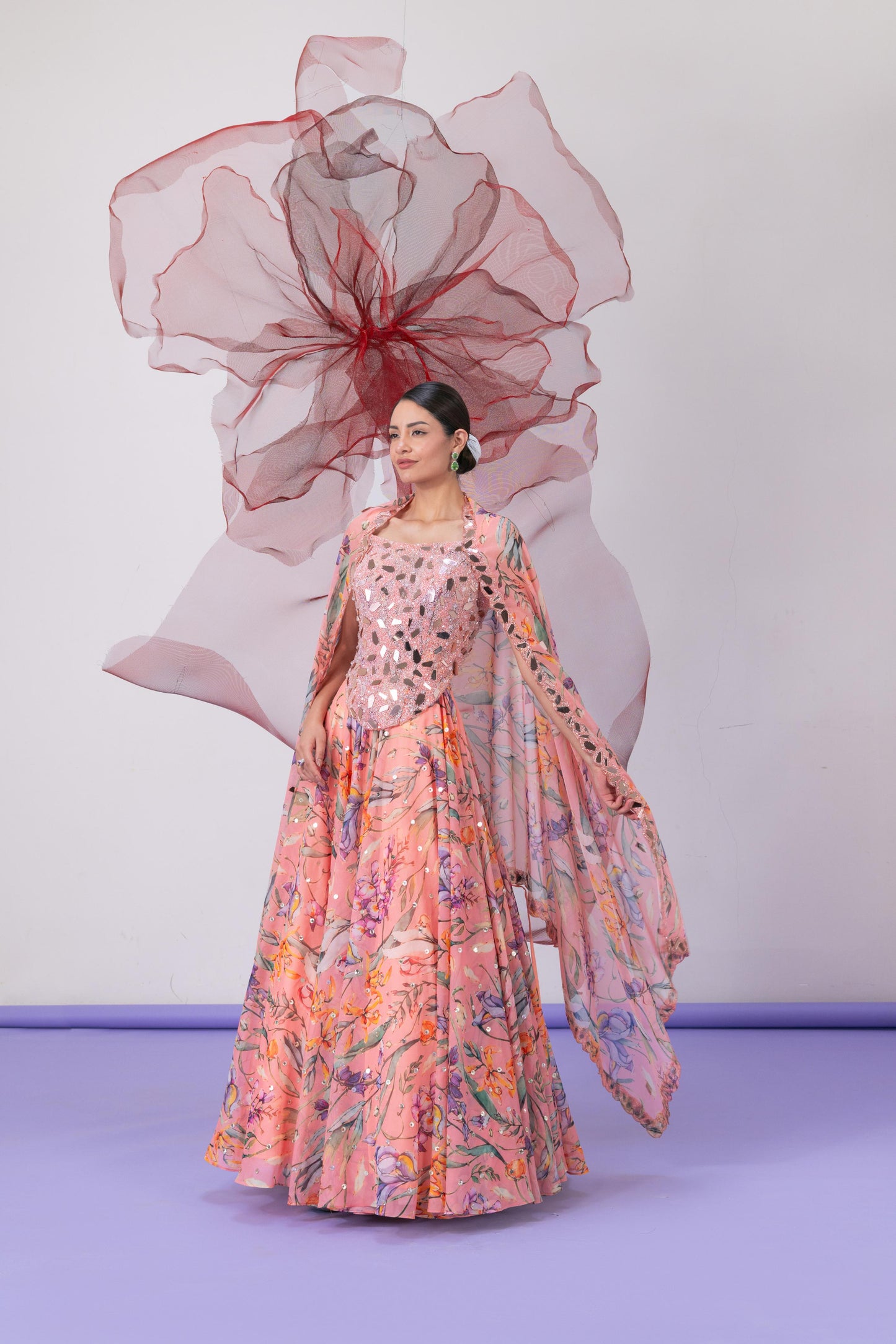 Peach Corset with Printed Lehenga and Dupatta - Laila