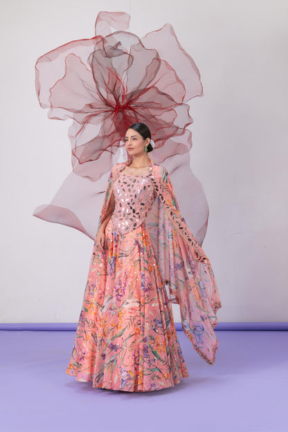 Peach Corset with Printed Lehenga and Dupatta - Laila