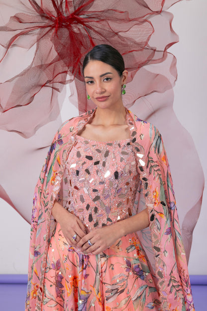 Peach Corset with Printed Lehenga and Dupatta - Laila