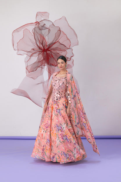 Peach Corset with Printed Lehenga and Dupatta - Laila