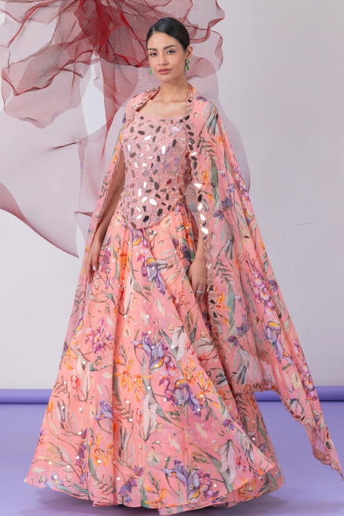 Peach Corset with Printed Lehenga and Dupatta - Laila