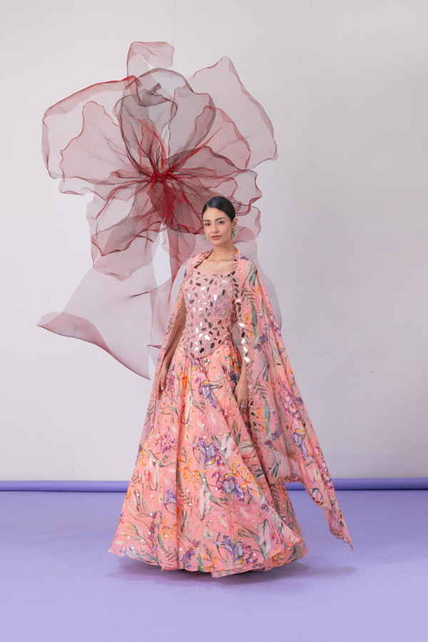 Peach Corset with Printed Lehenga and Dupatta - Laila