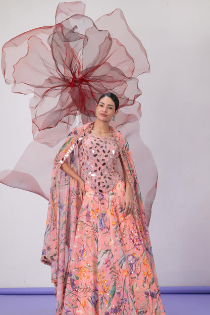 Peach Corset with Printed Lehenga and Dupatta - Laila