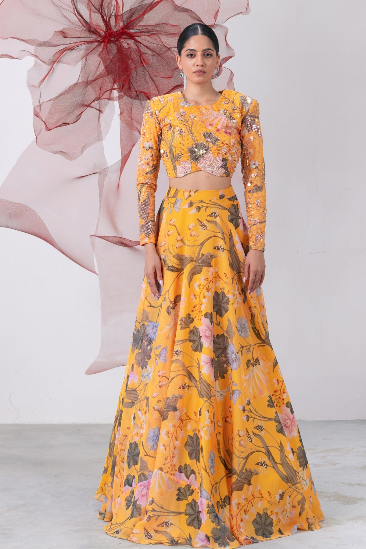 Yellow Full Sleeves Blouse with Flared Skirt - Mastani