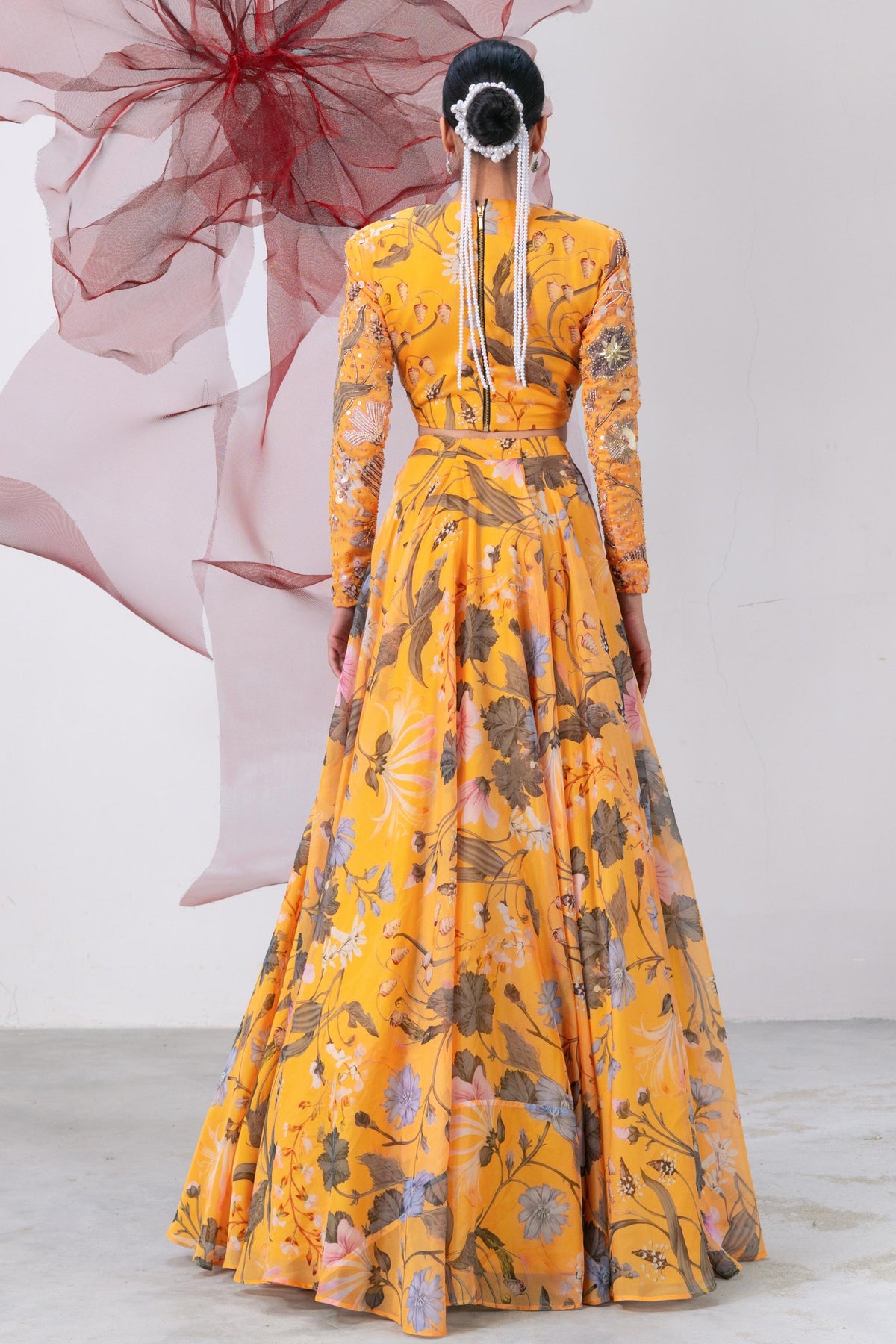 Yellow Full Sleeves Blouse with Flared Skirt - Mastani