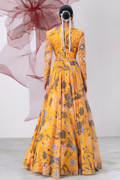 Yellow Full Sleeves Blouse with Flared Skirt - Mastani