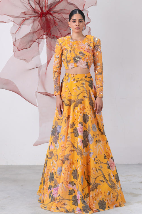 Yellow Full Sleeves Blouse with Flared Skirt - Mastani