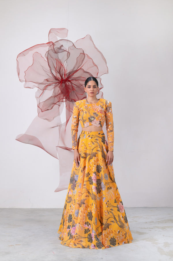 Yellow Full Sleeves Blouse with Flared Skirt - Mastani