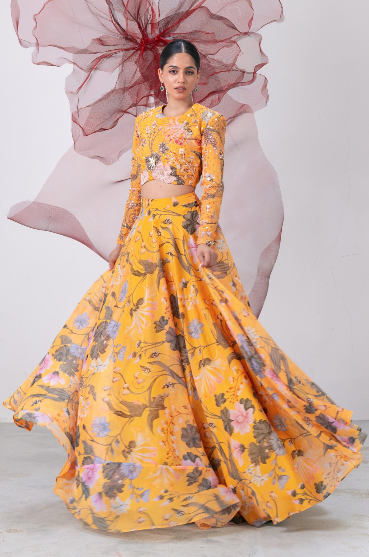 Yellow Full Sleeves Blouse with Flared Skirt - Mastani