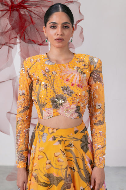 Yellow Full Sleeves Blouse with Flared Skirt - Mastani