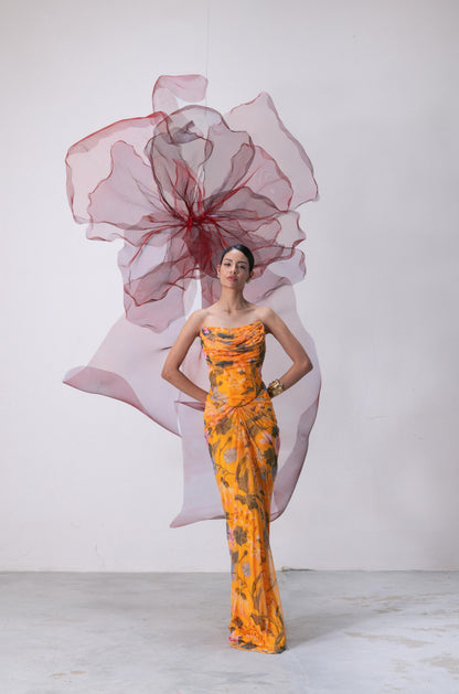 Yellow Printed Corset with Drape Skirt - Naaz