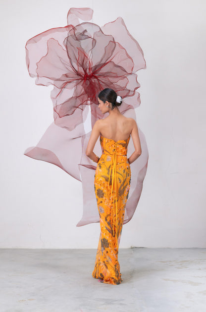 Yellow Printed Corset with Drape Skirt - Naaz