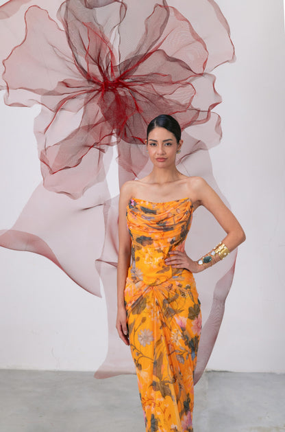 Yellow Printed Corset with Drape Skirt - Naaz