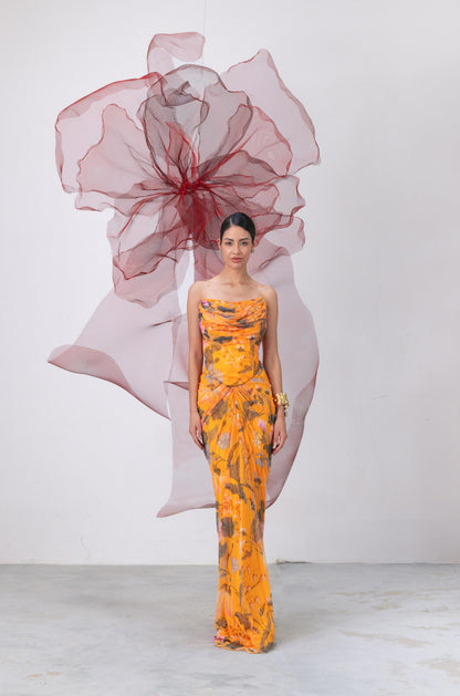 Yellow Printed Corset with Drape Skirt - Naaz