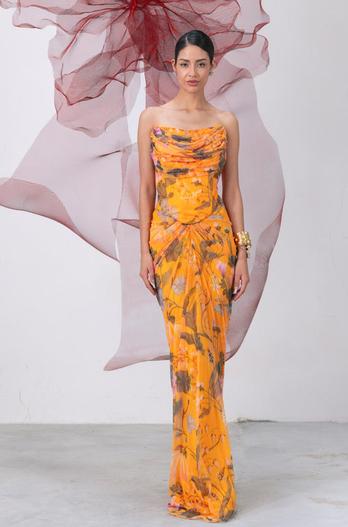 Yellow Printed Corset with Drape Skirt - Naaz