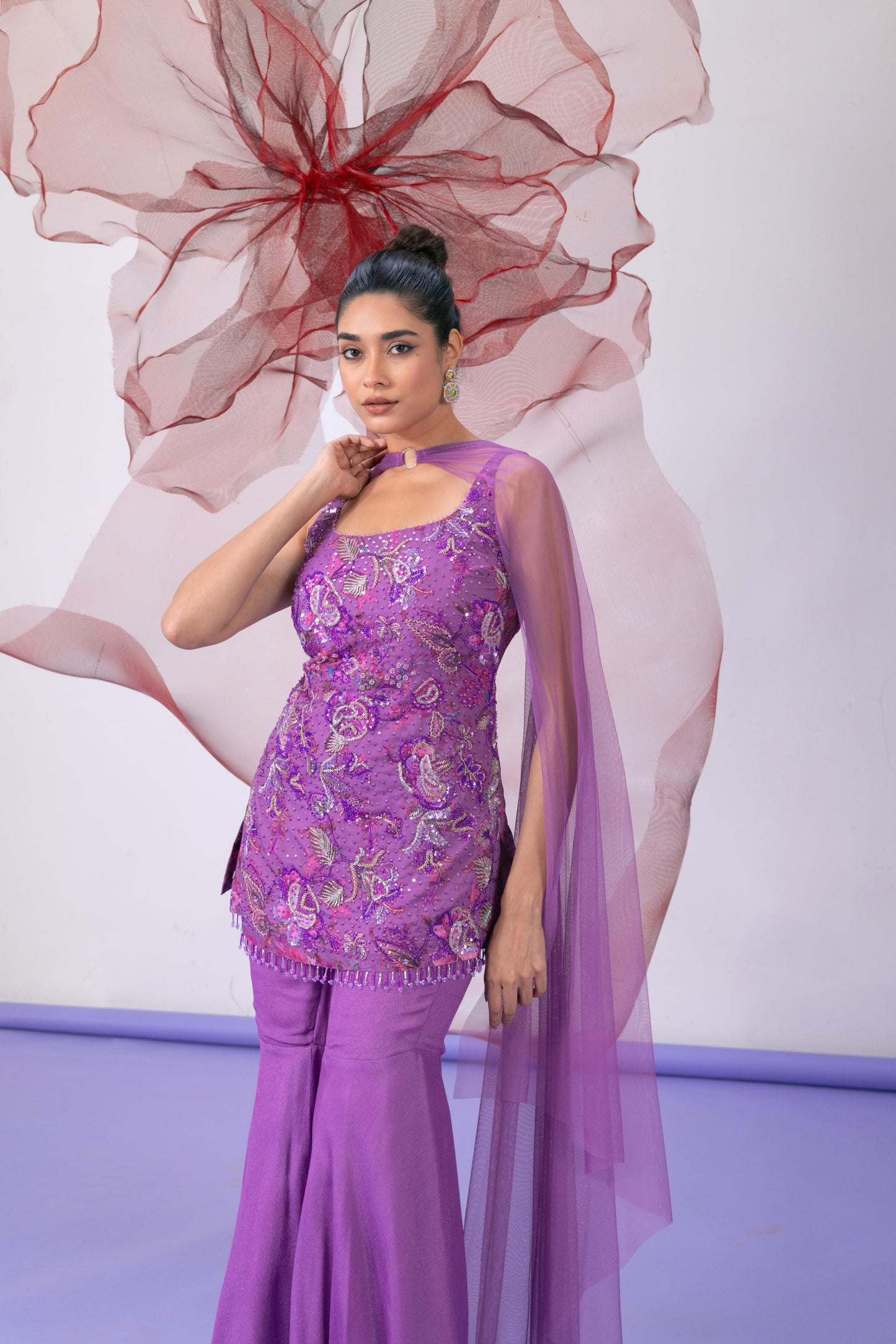 Purple Printed Kurta with Palazzo and Dupatta - Pakeezha