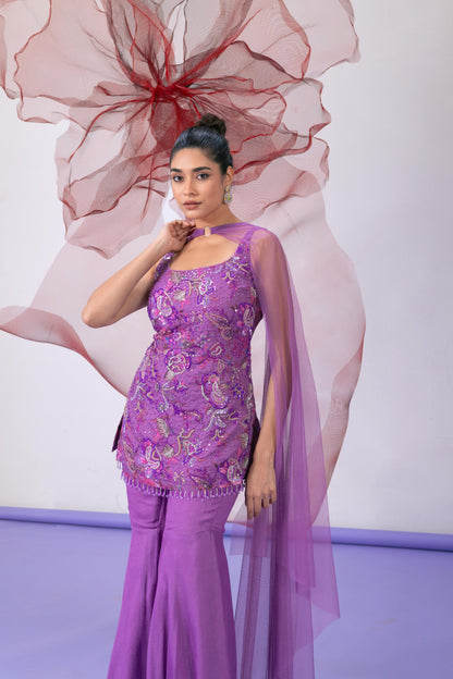 Purple Printed Kurta with Palazzo and Dupatta - Pakeezha