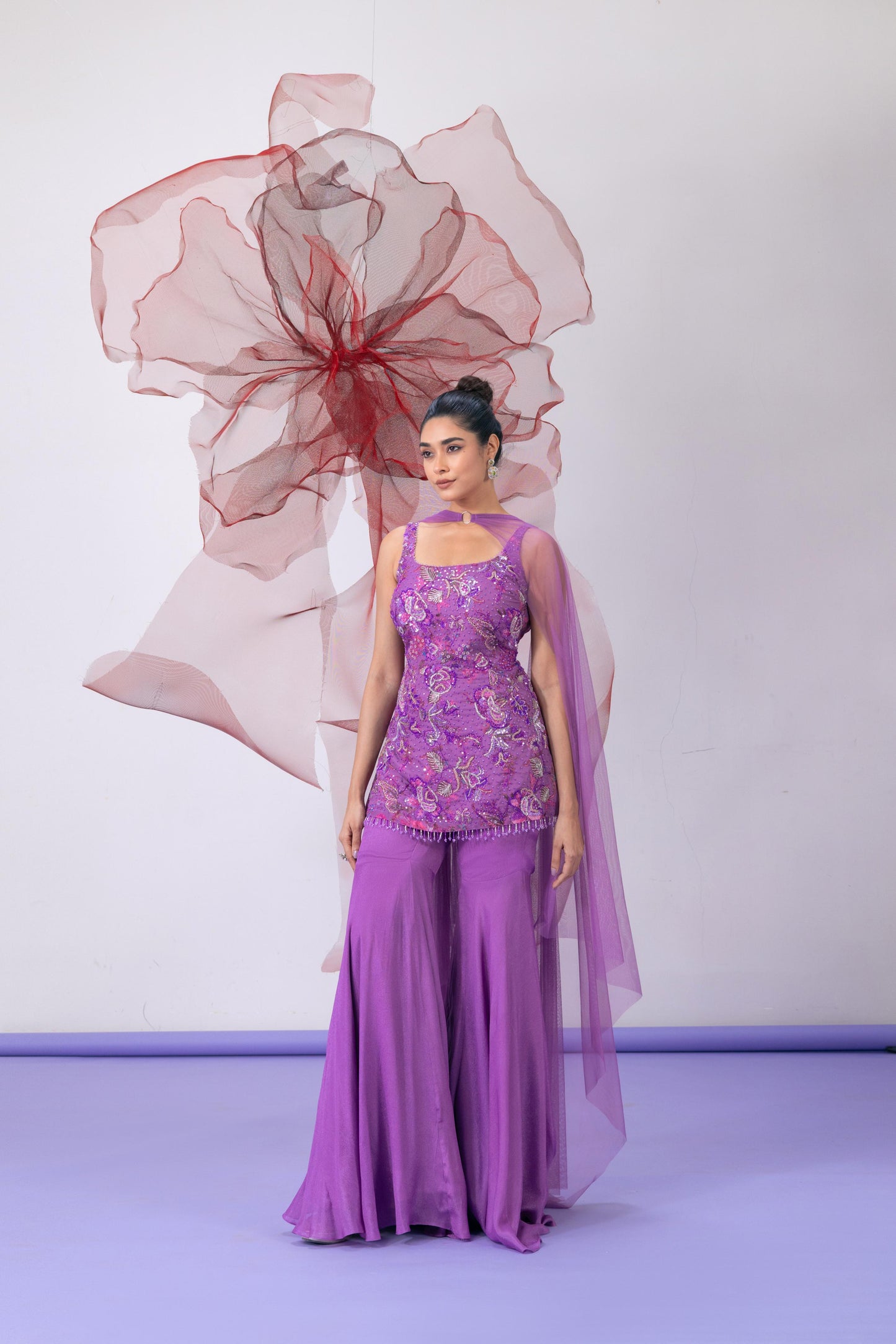 Purple Printed Kurta with Palazzo and Dupatta - Pakeezha