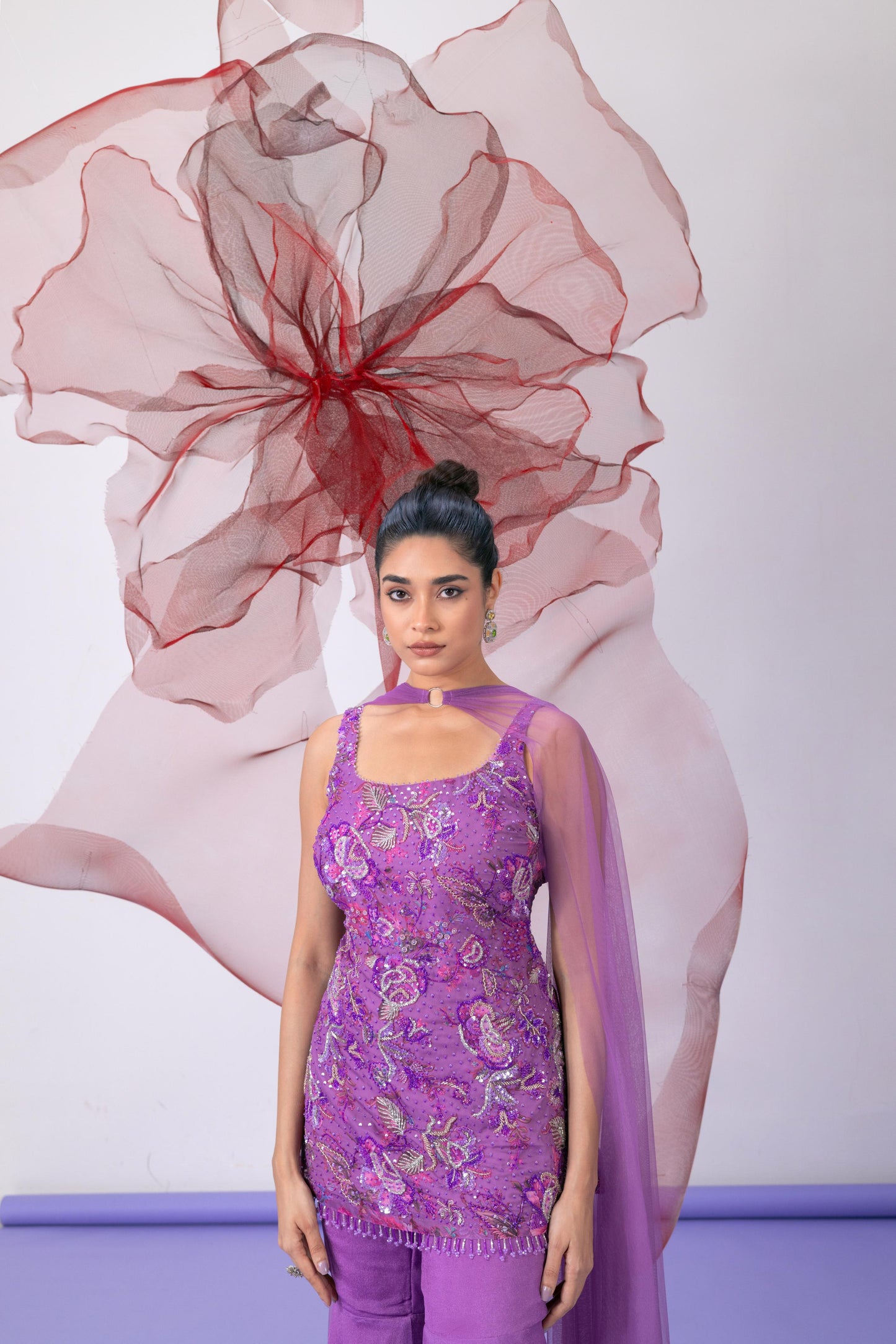 Purple Printed Kurta with Palazzo and Dupatta - Pakeezha