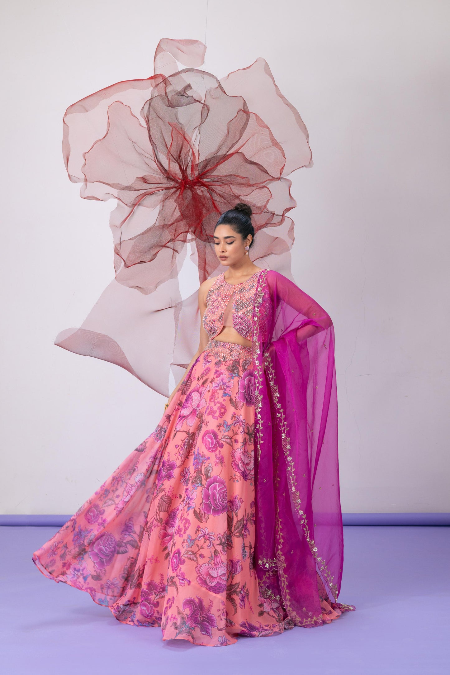 Pink Crop Top with Lehenga and Dupatta - Haseena