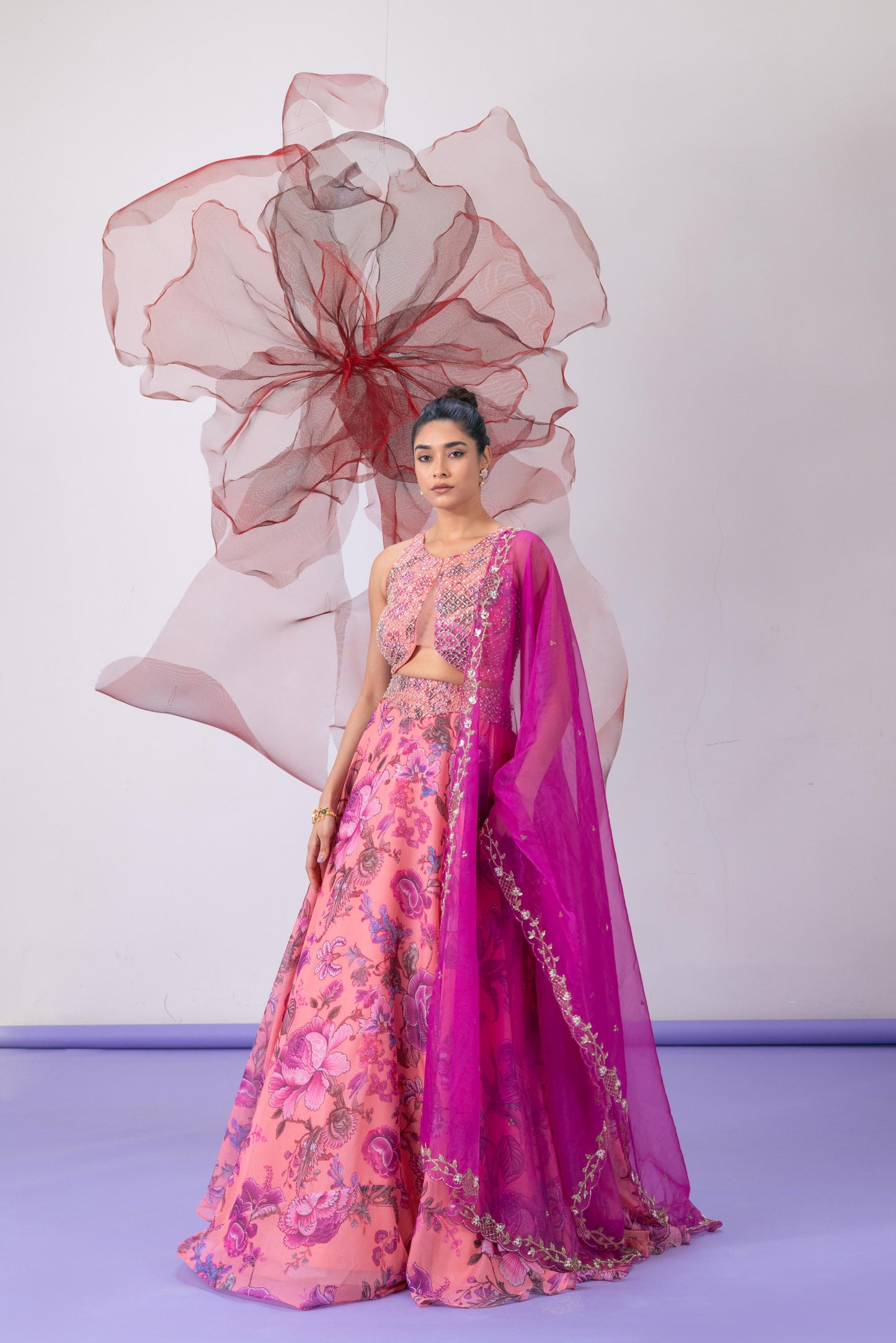 Pink Crop Top with Lehenga and Dupatta - Haseena