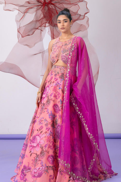 Pink Crop Top with Lehenga and Dupatta - Haseena