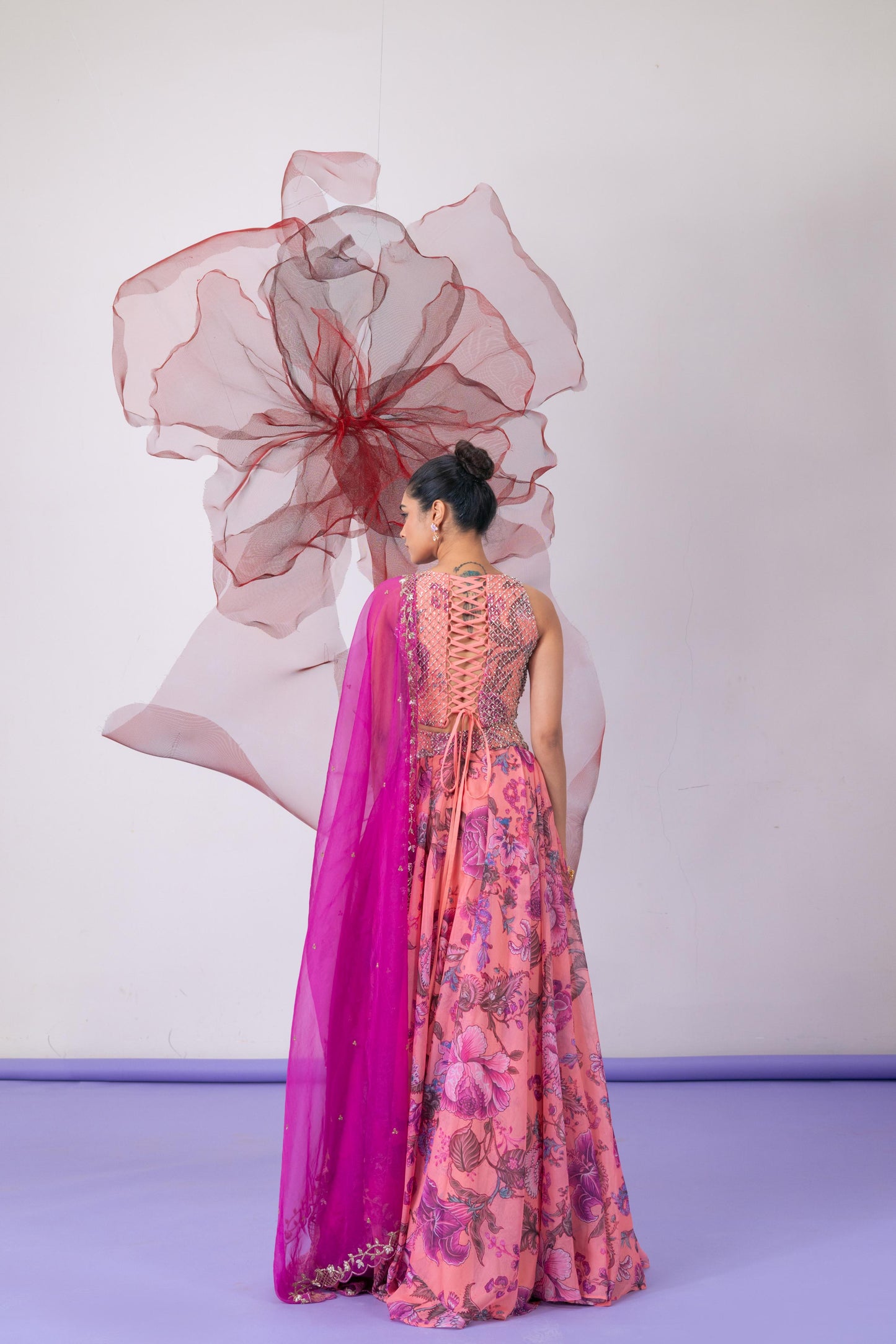 Pink Crop Top with Lehenga and Dupatta - Haseena