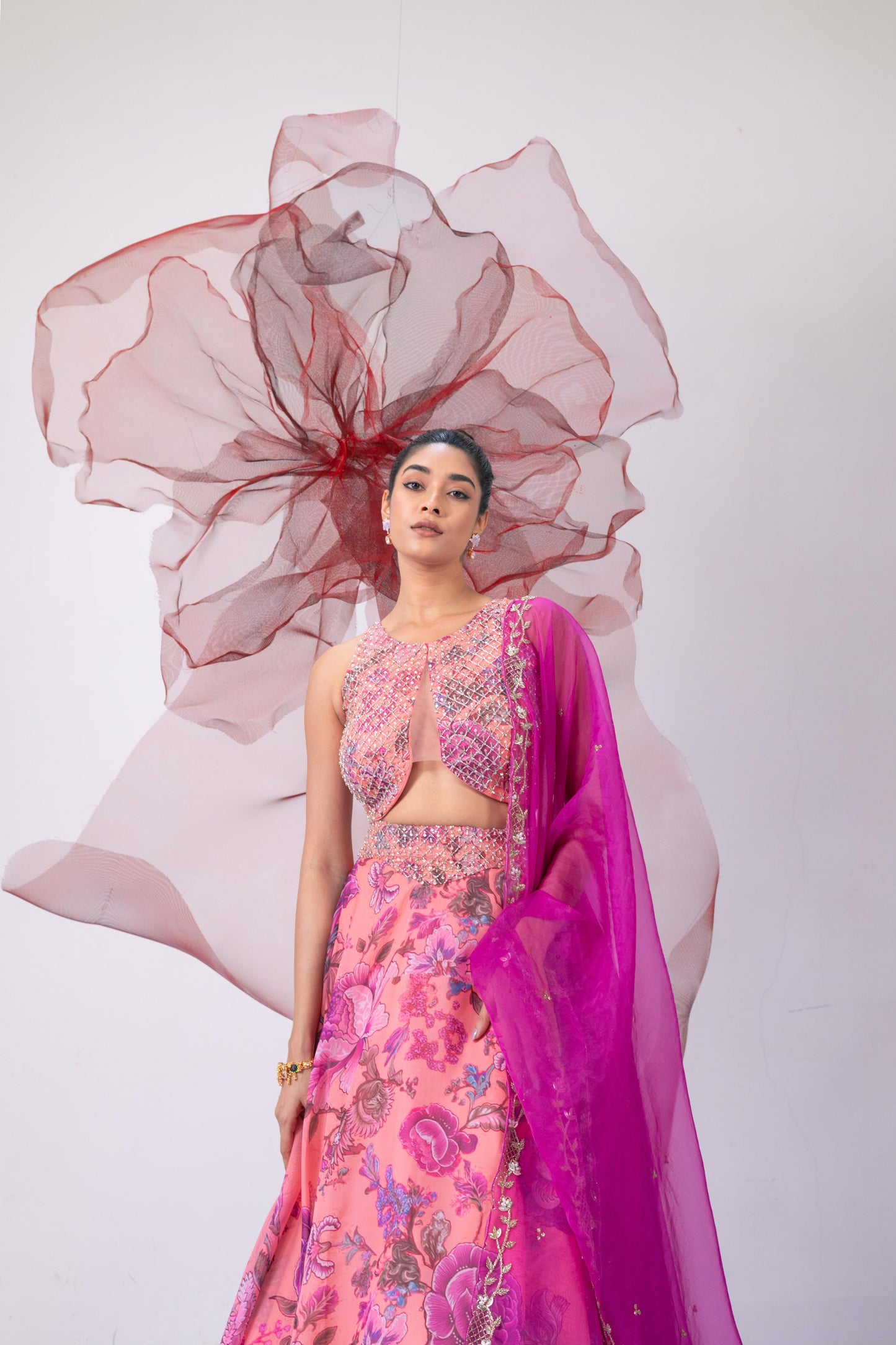 Pink Crop Top with Lehenga and Dupatta - Haseena