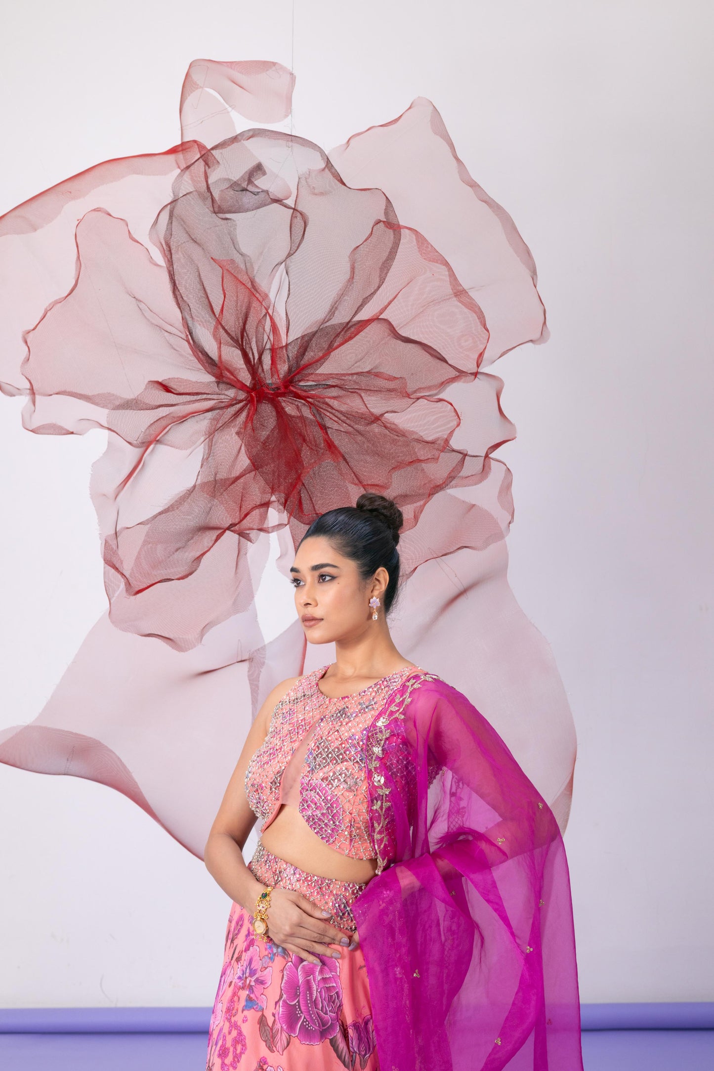 Pink Crop Top with Lehenga and Dupatta - Haseena
