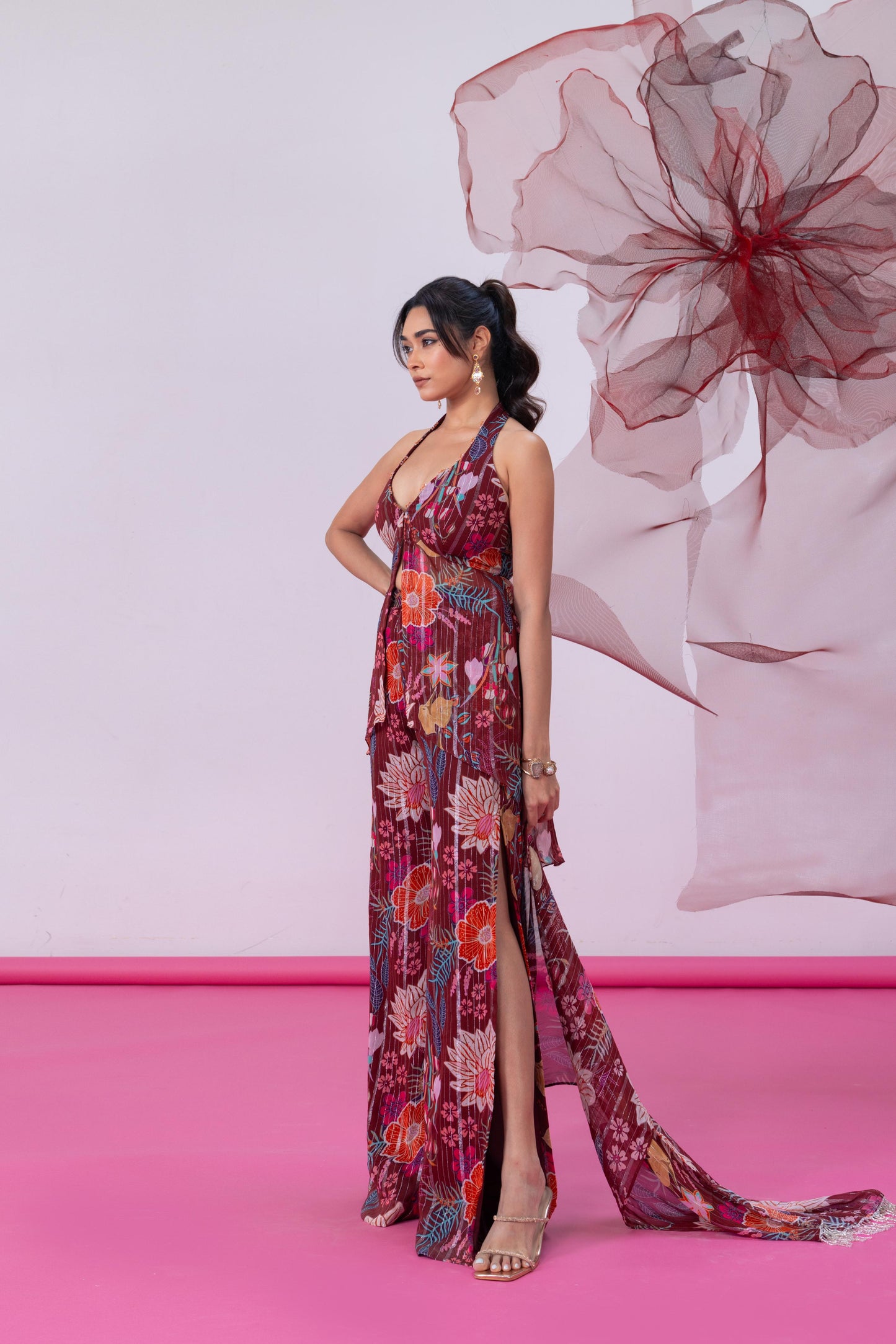 Maroon Halter Neck Kurta with Palazzo and Dupatta - Mahira