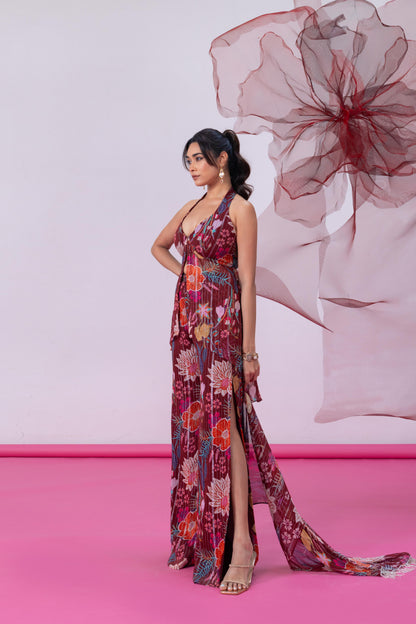 Maroon Halter Neck Kurta with Palazzo and Dupatta - Mahira