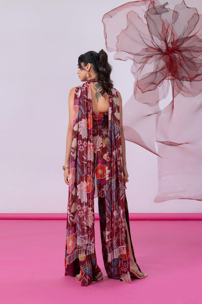 Maroon Halter Neck Kurta with Palazzo and Dupatta - Mahira