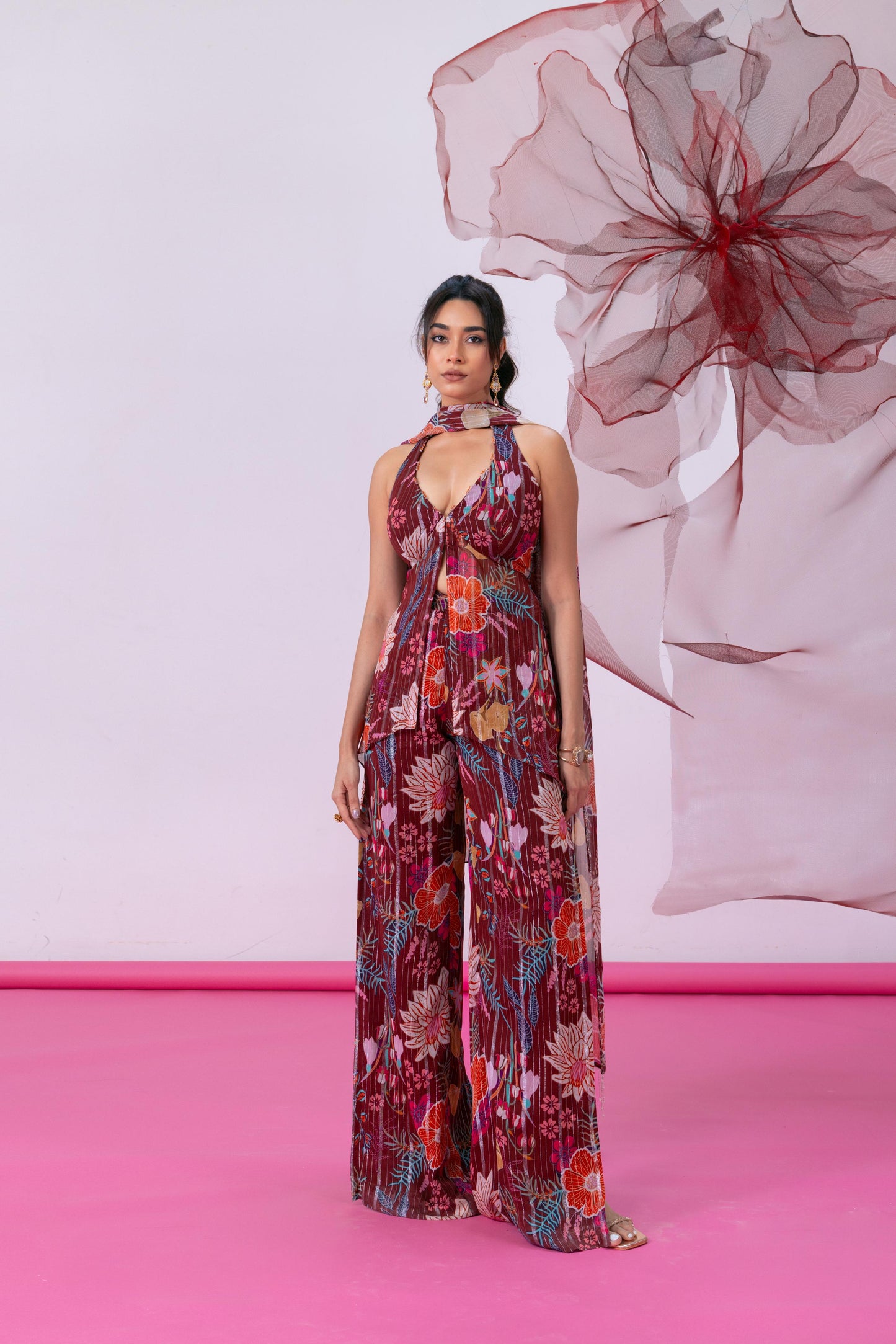 Maroon Halter Neck Kurta with Palazzo and Dupatta - Mahira