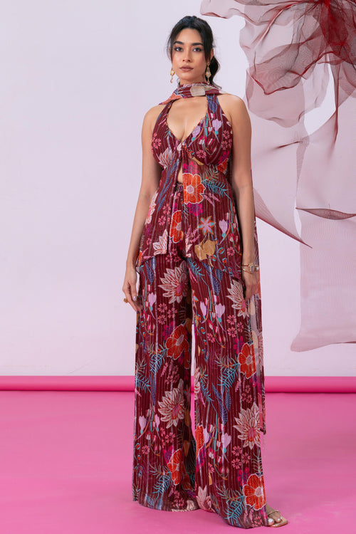 Maroon Halter Neck Kurta with Palazzo and Dupatta - Mahira