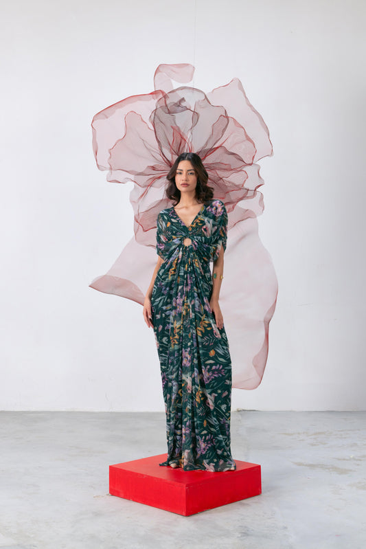 Green Printed Mesh Gown - Sunehri