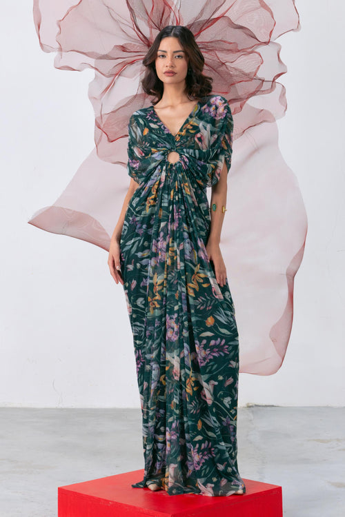 Green Printed Mesh Gown - Sunehri