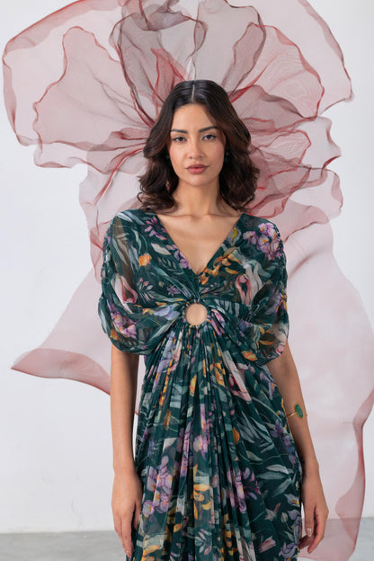 Green Printed Mesh Gown - Sunehri