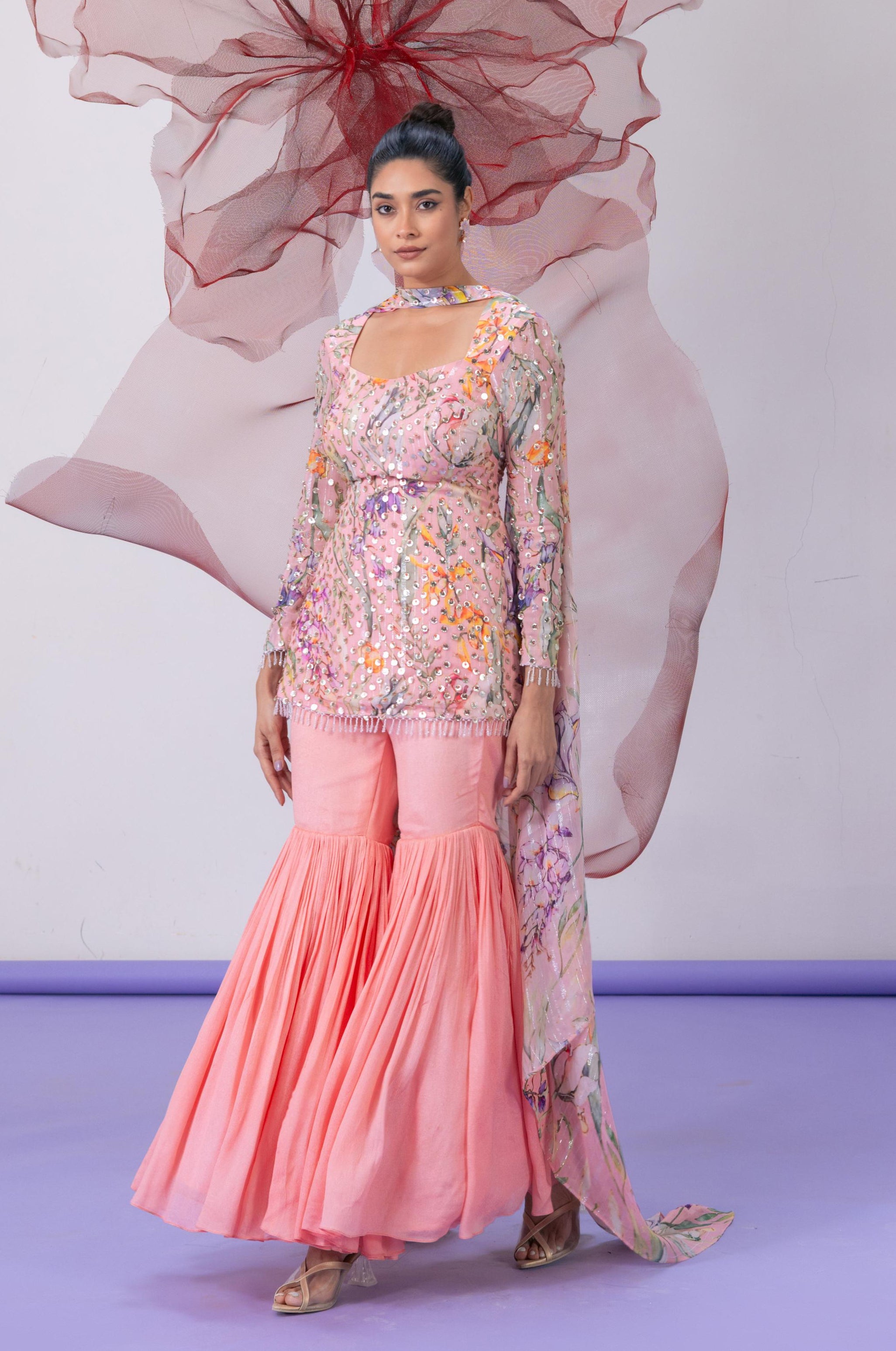 Peach Full Sleeves Kurta with Palazzo and Choker - Mehbooba
