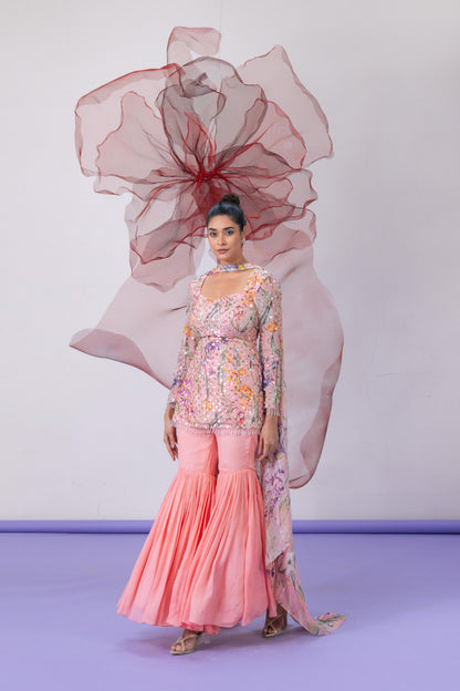 Peach Full Sleeves Kurta with Palazzo and Choker - Mehbooba