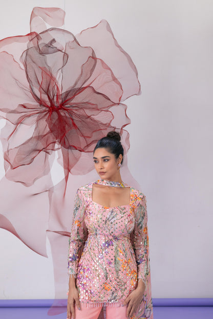 Peach Full Sleeves Kurta with Palazzo and Choker - Mehbooba