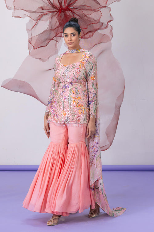 Peach Full Sleeves Kurta with Palazzo and Choker - Mehbooba