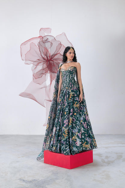 Green Corset with Flared Skirt and Choker - Chandrika