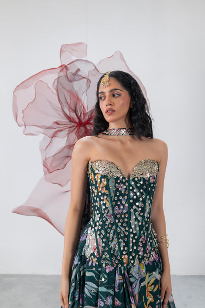 Green Corset with Flared Skirt and Choker - Chandrika