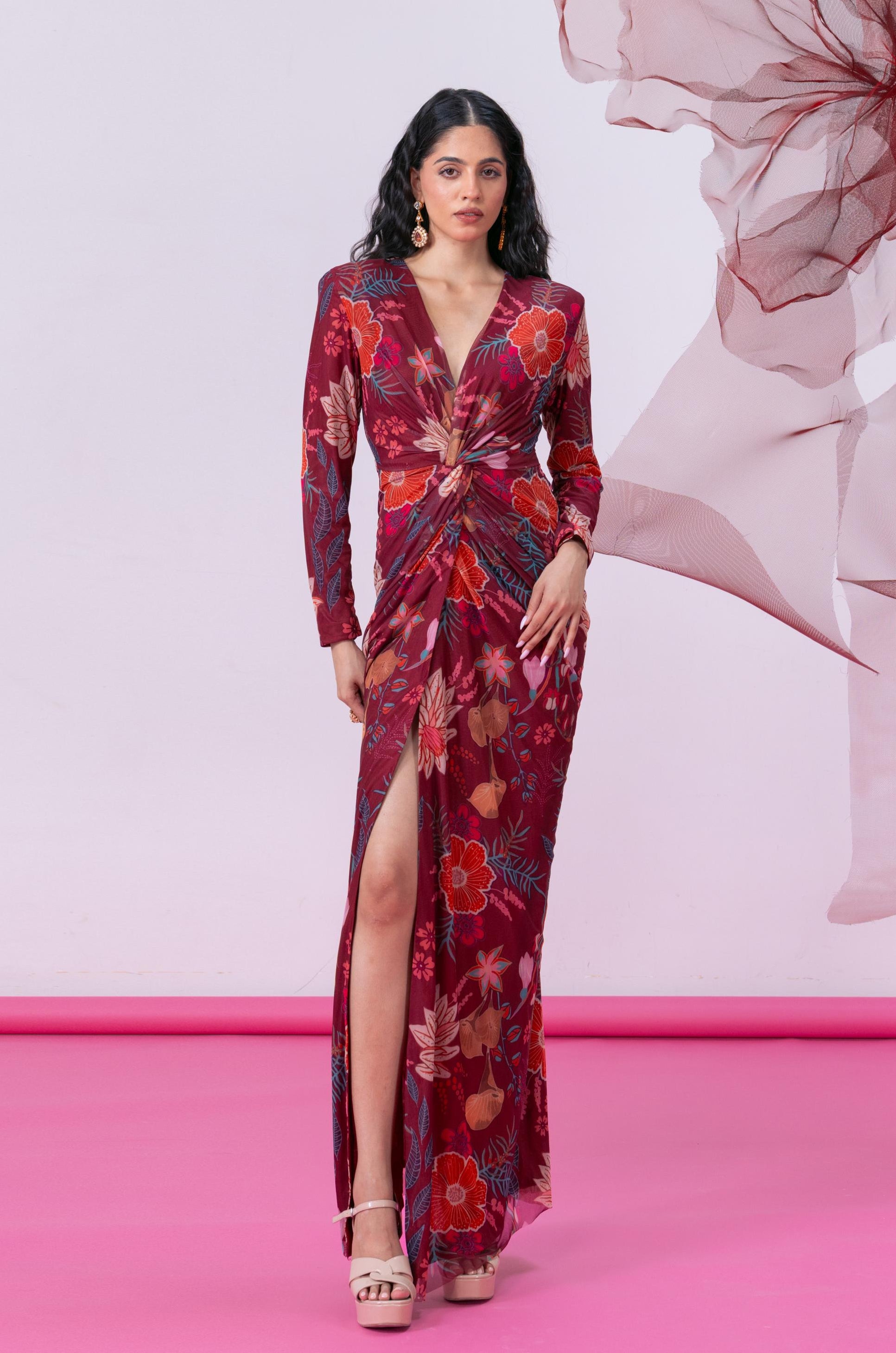 Maroon Printed Mesh Gown with Front Slit - Falak