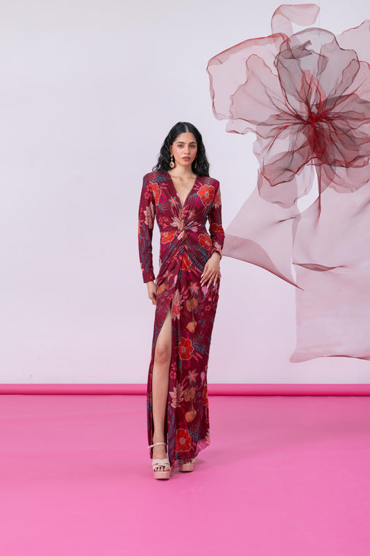 Maroon Printed Mesh Gown with Front Slit - Falak