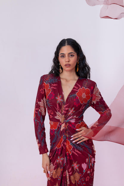 Maroon Printed Mesh Gown with Front Slit - Falak